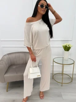 Beżowy Prążkowany Komplet 13864-513-A|Modna Kiecka Fashion