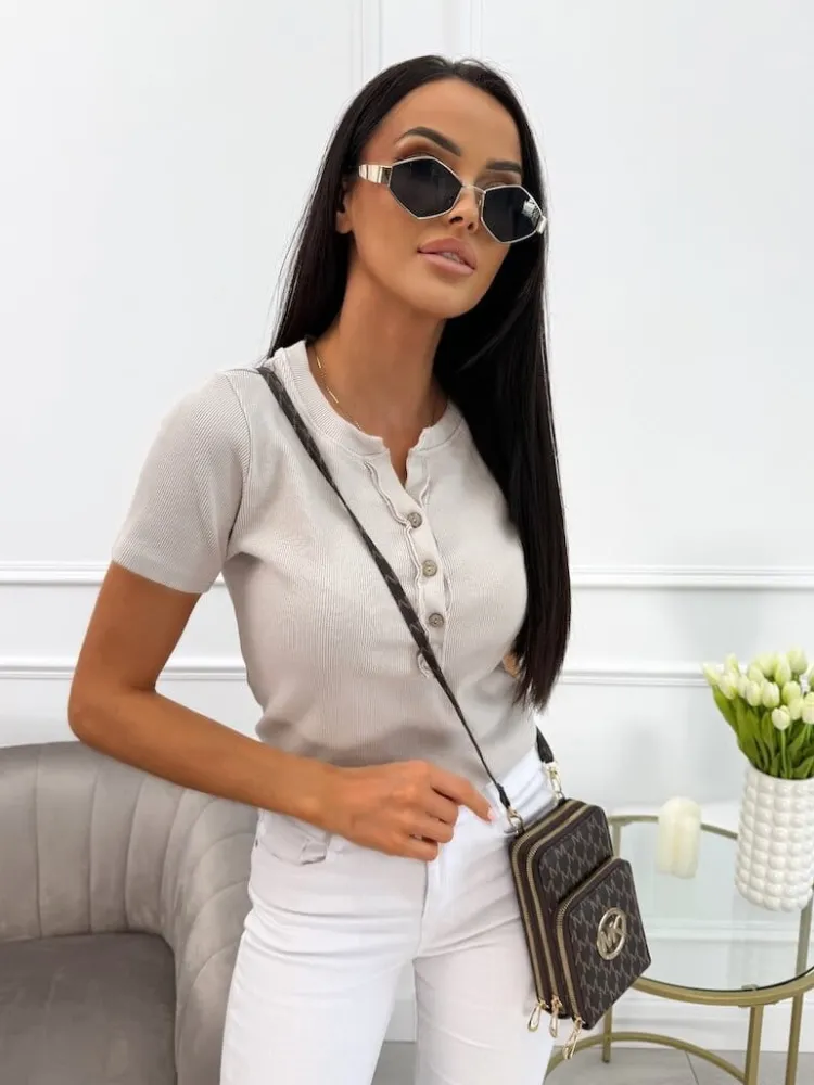Beżowy Prążkowany T-shirt z Guzikami 13809-262-B|Modna Kiecka Discount