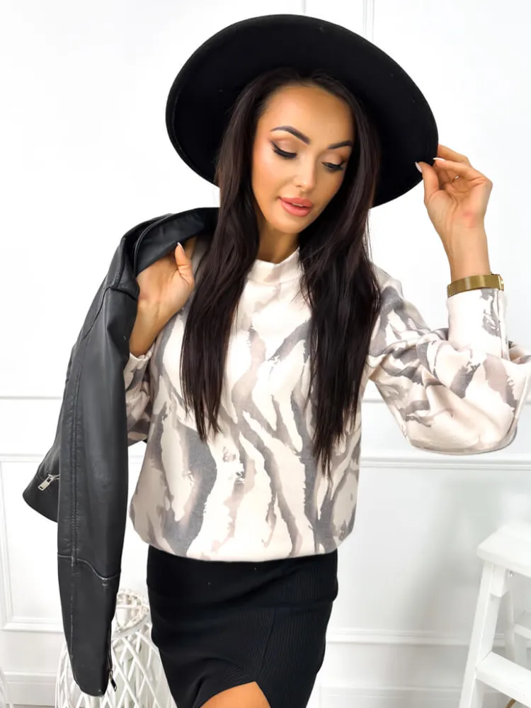 Beżowy Sweterek w Brązowo-Grafitowy Wzór 12830-192-C|Modna Kiecka Discount