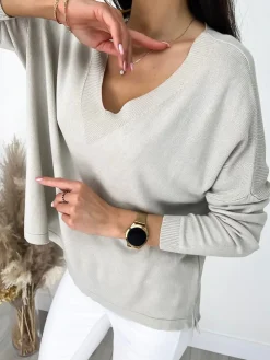Beżowy Sweterek z Dekoltem V 9454-365-A|Modna Kiecka Best