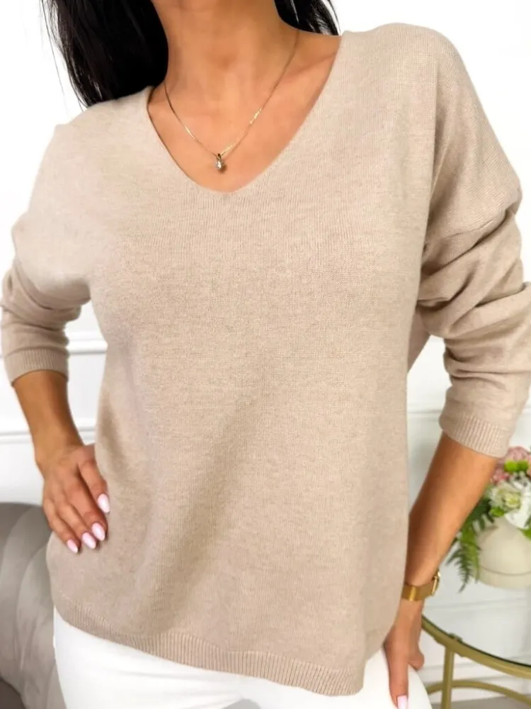 Beżowy Sweterek z Dekoltem V 13538-235-A|Modna Kiecka Fashion