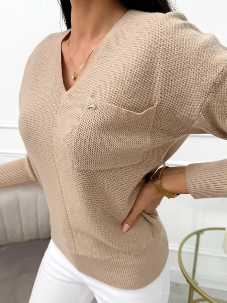 Beżowy Sweterek z Kieszonką 13676-422-A|Modna Kiecka Hot