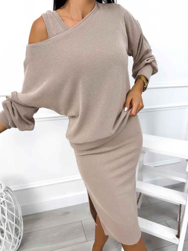 Beżowy Sweterkowy Komplet Bluza + Sukienka 12827-254-A|Modna Kiecka Sale