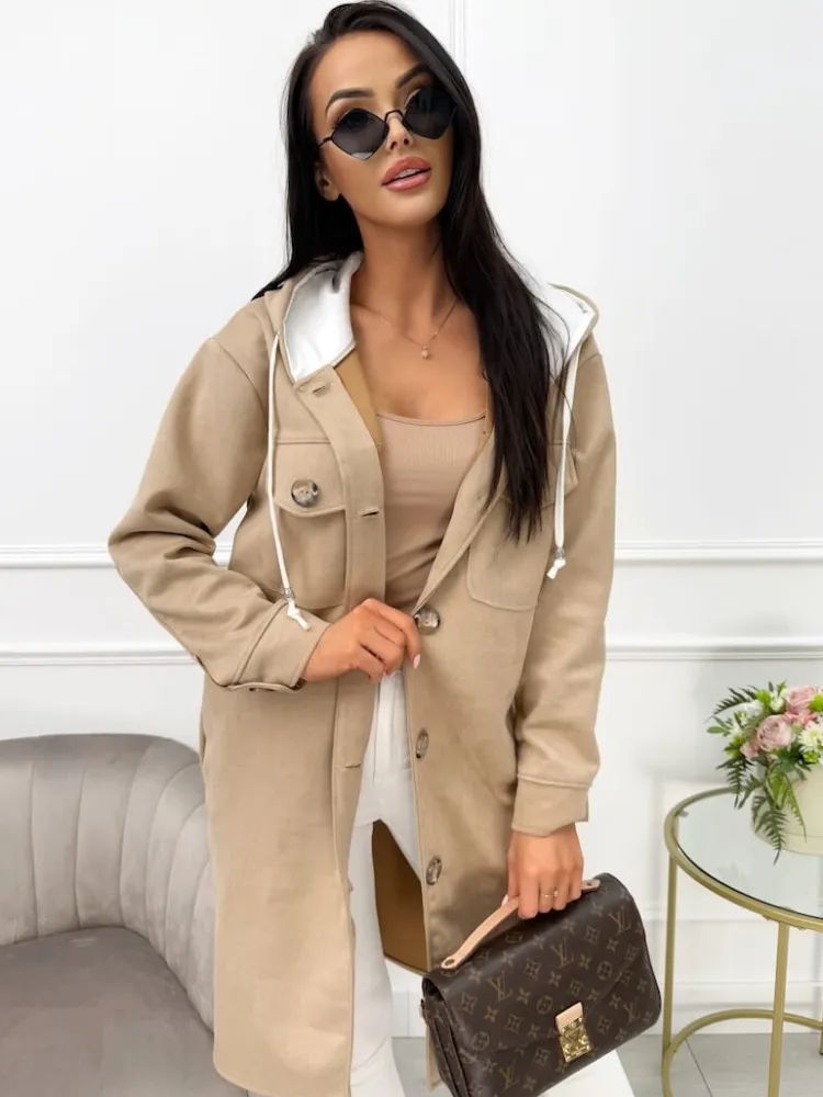 Beżowy Zamszowy Płaszcz z Kapturem 13561-420-A|Modna Kiecka Hot