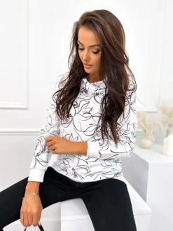 Biała Bluza w Czarny Wzór 10727-517-E|Modna Kiecka Best
