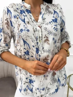 Biała Bluzka w Granatowy Wzór 13537-31-B|Modna Kiecka Discount