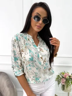 Biała Bluzka w Miętowy Wzór 13537-31-A|Modna Kiecka Clearance