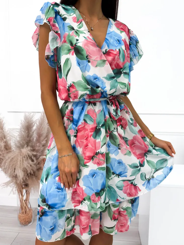 Biała Kopertowa Sukienka w Kwiaty 8257-205-Q|Modna Kiecka Fashion