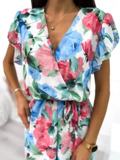Biała Kopertowa Sukienka w Kwiaty 8257-205-Q|Modna Kiecka Fashion