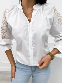 Biała Koszula w Beżowy Wzór 12438-255-A|Modna Kiecka Discount