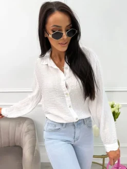 Biała Koszula z Długim Rękawem  13816-55-A|Modna Kiecka Hot