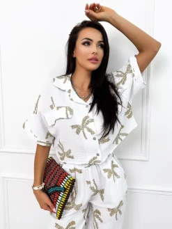 Biała Krótka Koszula w Brązowy Wzór 12584-98-A|Modna Kiecka Online