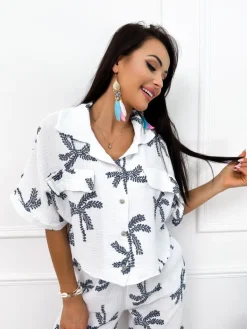 Biała Krótka Koszula w Granatowy Wzór 12584-98-B|Modna Kiecka Hot