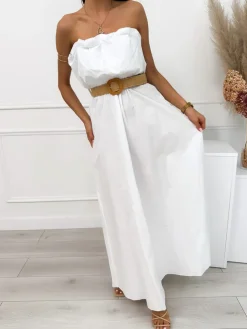 Biała Sukienka Maxi z Paskiem 12545-520-A|Modna Kiecka Outlet