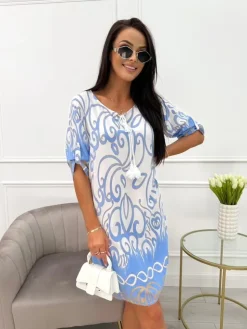 Biała Sukienka w Błękitny Wzór 13947-292-Q|Modna Kiecka Best