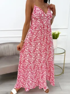 Biała Sukienka w Różowy Wzór 14026-427-D|Modna Kiecka Online