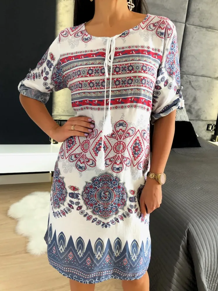 Biała Sukienka z Azteckim Wzorem 11699-59-Q|Modna Kiecka Fashion
