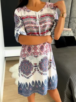 Biała Sukienka z Azteckim Wzorem 11699-59-Q|Modna Kiecka Fashion