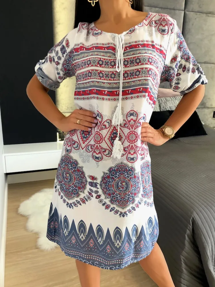 Biała Sukienka z Azteckim Wzorem 11699-59-Q|Modna Kiecka Fashion