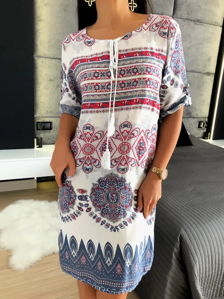 Biała Sukienka z Azteckim Wzorem 11699-59-Q|Modna Kiecka Fashion