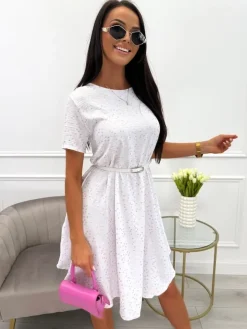 Biała Sukienka ze Złotym Wzorem 13861-519-B|Modna Kiecka Online