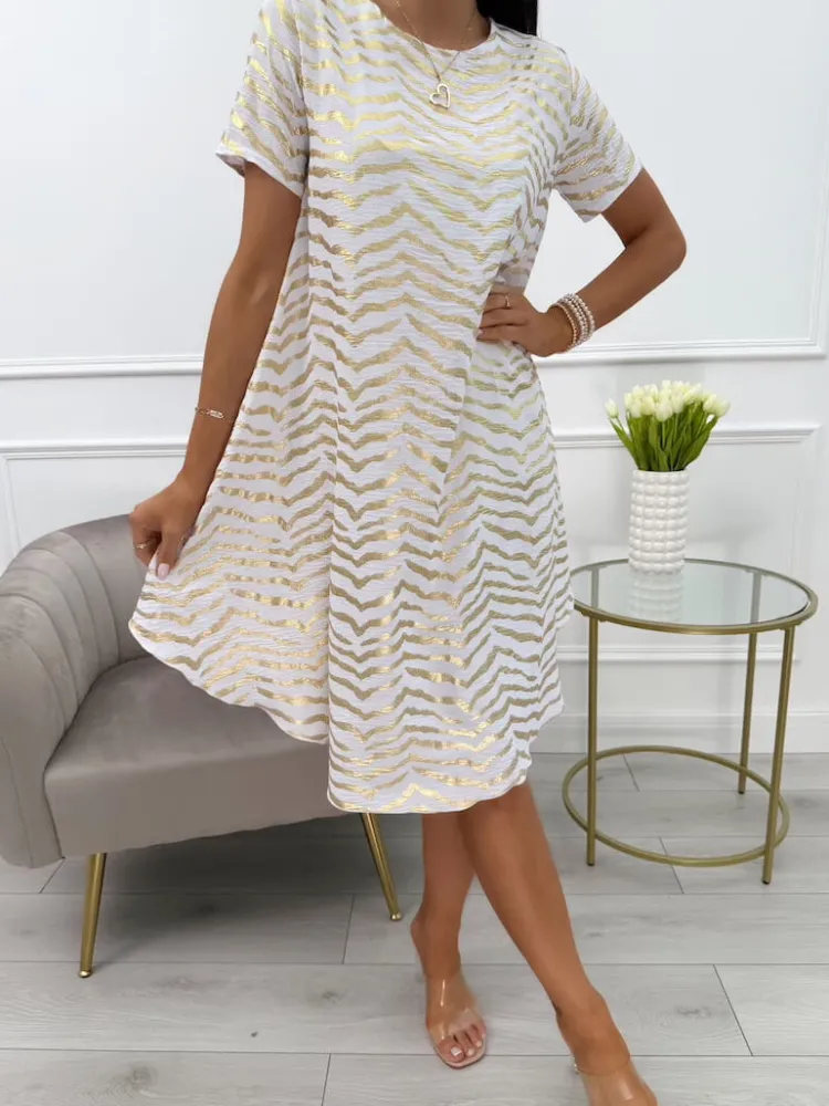 Biała Sukienka ze Złotym Wzorem 13740-93-D|Modna Kiecka New