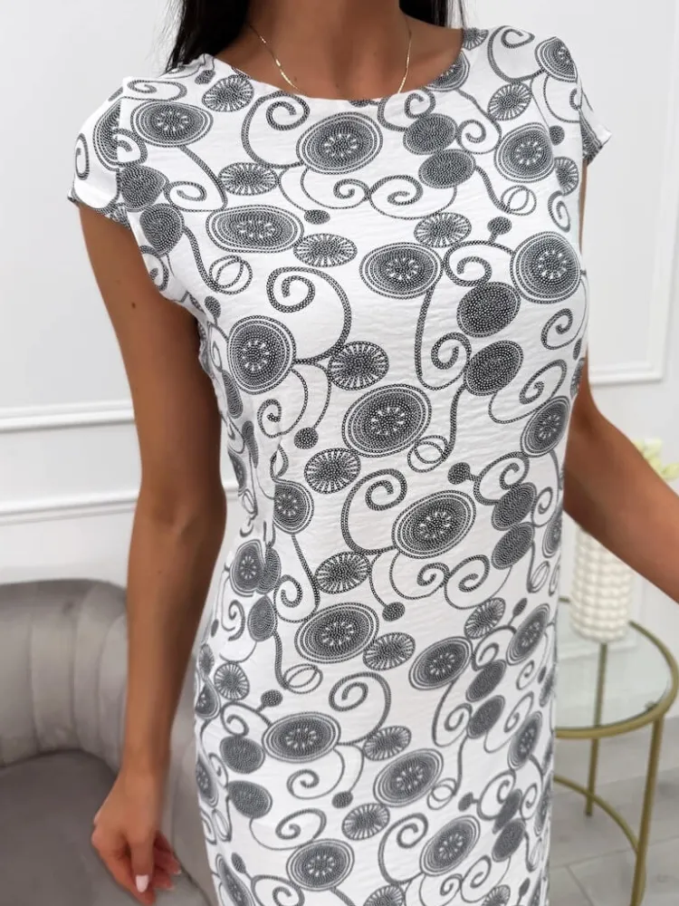 Biała Wzorzysta Sukienka z Kieszeniami 13729-157-A|Modna Kiecka Discount