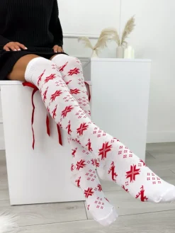 Białe Wzorzyste Zakolanówki ze Wstążką 10915-334-A|Modna Kiecka Fashion