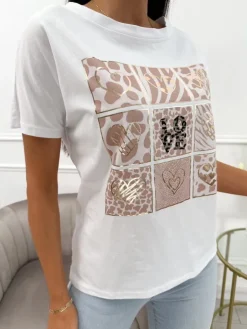Biały Bawełniany T-shirt z Beżowym Wzorem 13943-359-A|Modna Kiecka Clearance