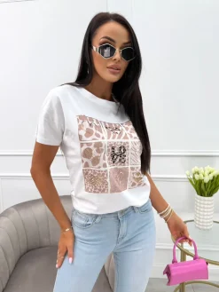 Biały Bawełniany T-shirt z Beżowym Wzorem 13943-359-A|Modna Kiecka Clearance