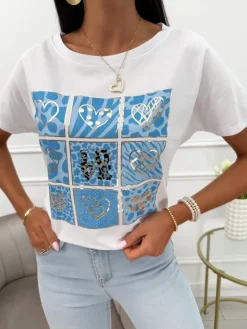 Biały Bawełniany T-shirt z Niebieskim Wzorem 13943-359-B|Modna Kiecka Online