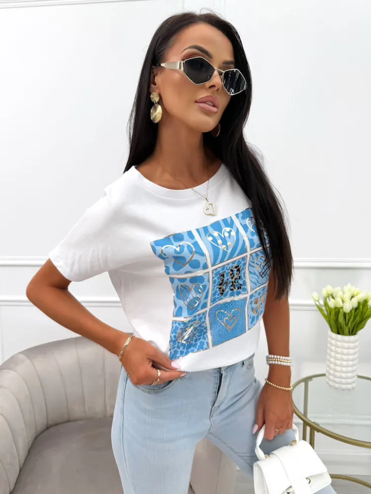 Biały Bawełniany T-shirt z Niebieskim Wzorem 13943-359-B|Modna Kiecka Online