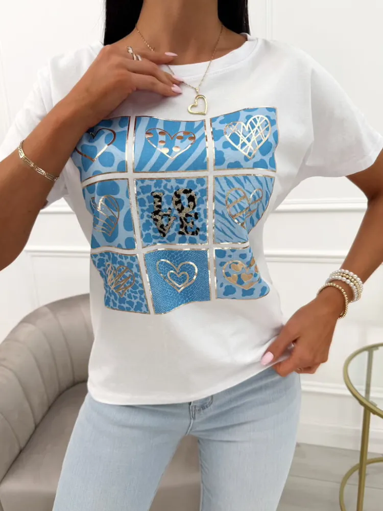 Biały Bawełniany T-shirt z Niebieskim Wzorem 13943-359-B|Modna Kiecka Online