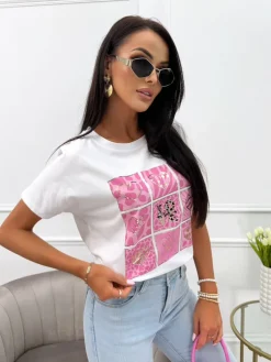 Biały Bawełniany T-shirt z Różowym Wzorem 13943-359-C|Modna Kiecka Sale