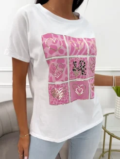 Biały Bawełniany T-shirt z Różowym Wzorem 13943-359-C|Modna Kiecka Sale