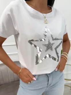 Biały Bawełniany T-shirt z Srebrnym Wzorem 13944-288-A|Modna Kiecka Online