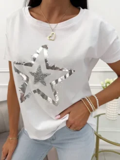 Biały Bawełniany T-shirt z Srebrnym Wzorem 13944-288-A|Modna Kiecka Online