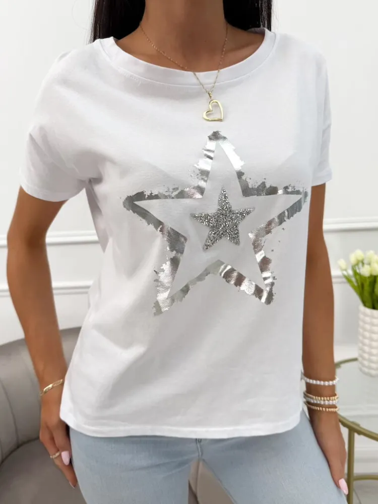 Biały Bawełniany T-shirt z Srebrnym Wzorem 13944-288-A|Modna Kiecka Online