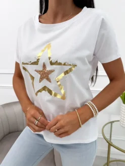 Biały Bawełniany T-shirt ze Złotym Wzorem 13944-288-B|Modna Kiecka Clearance