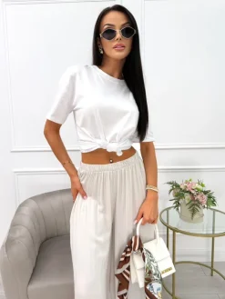 Biały T-shirt z Chustą w Kwiaty 14067-26-Q|Modna Kiecka Discount