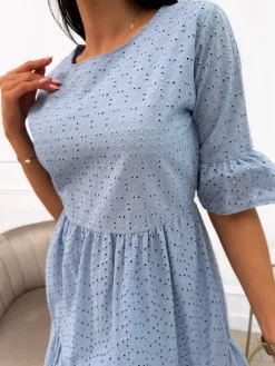 Błękitna Ażurowa Sukienka 13846-427-B|Modna Kiecka Outlet