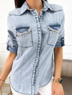 Błękitna Jeansowa Koszula z Ozdobnymi Kieszeniami 9881-358-A|Modna Kiecka Best