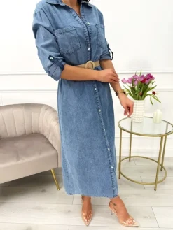 Błękitna Jeansowa Sukienka z Paskiem 13636-514-A|Modna Kiecka Hot