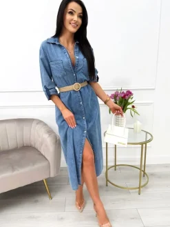Błękitna Jeansowa Sukienka z Paskiem 13636-514-A|Modna Kiecka Hot