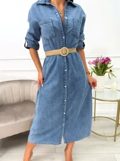 Błękitna Jeansowa Sukienka z Paskiem 13636-514-A|Modna Kiecka Hot