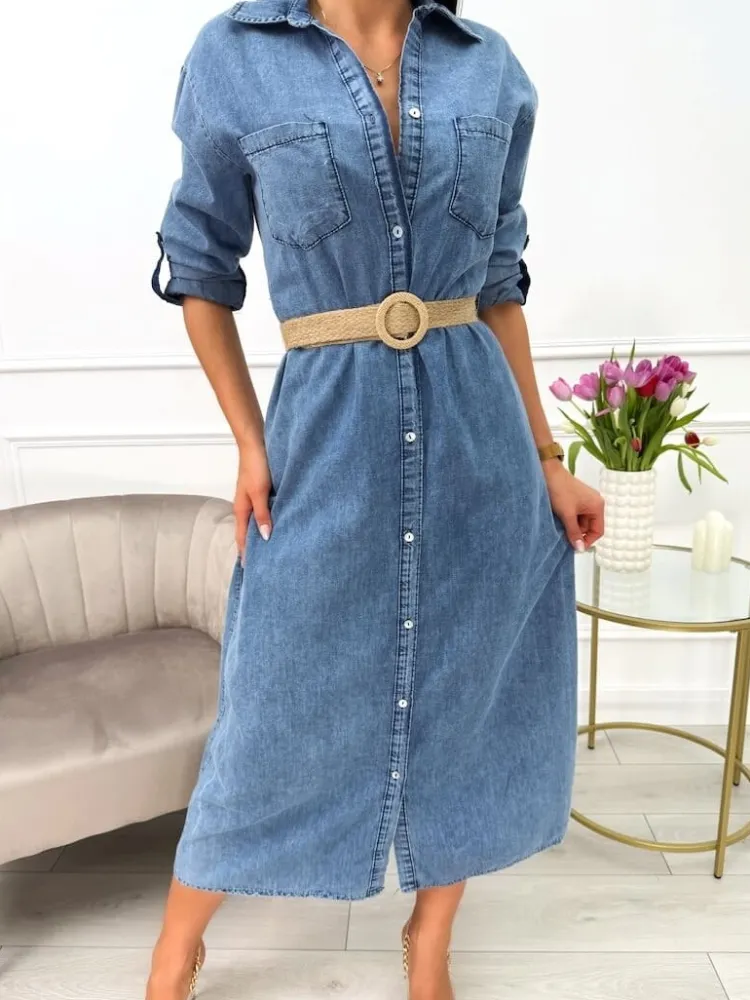 Błękitna Jeansowa Sukienka z Paskiem 13636-514-A|Modna Kiecka Hot
