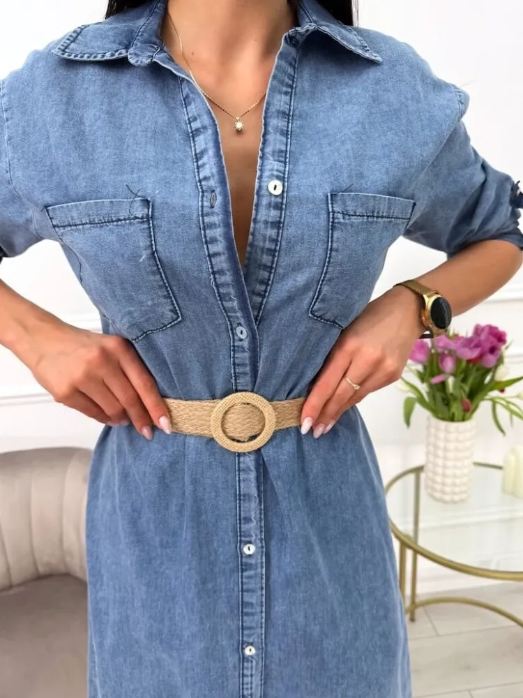 Błękitna Jeansowa Sukienka z Paskiem 13636-514-A|Modna Kiecka Hot