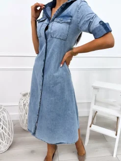 Błękitna Jeansowa Sukienka Maxi 12680-226-A|Modna Kiecka New
