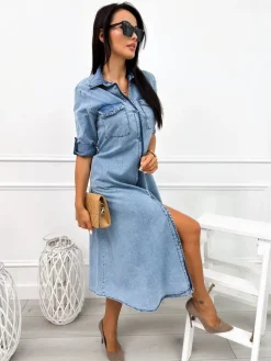Błękitna Jeansowa Sukienka Maxi 12680-226-A|Modna Kiecka New