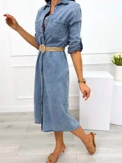 Błękitna Jeansowa Sukienka z Paskiem 12620-244-A|Modna Kiecka Outlet